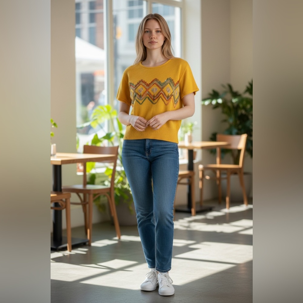 Vintage Maglificio Gloria Roma Mustard Yellow Cotton Knit Short Sleeve Top